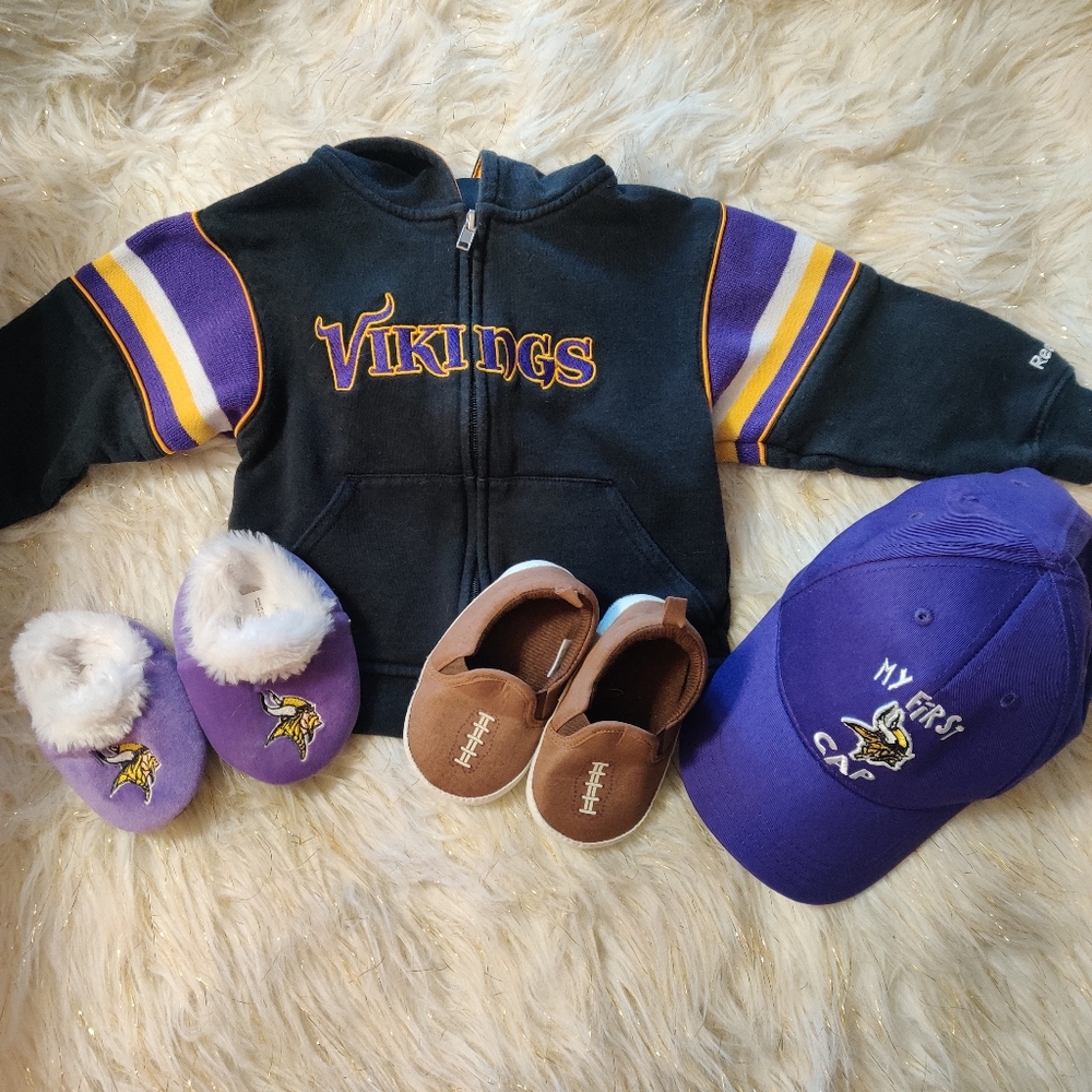 Vikings Baby Toddler Hoodie Black 2t NFL Set Hat Cap Football Shoes Slippers